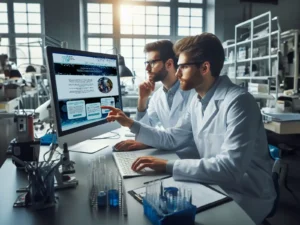 2 scientifiques regardent le site internet de la sfn